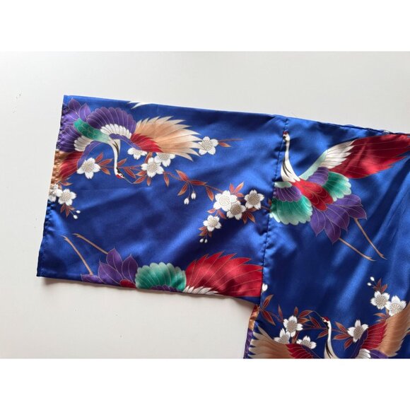 Vintage ICHIBAN Blue Oriental Floral Crane Print Satin Kimono Robe, One Size - Picture 8 of 13